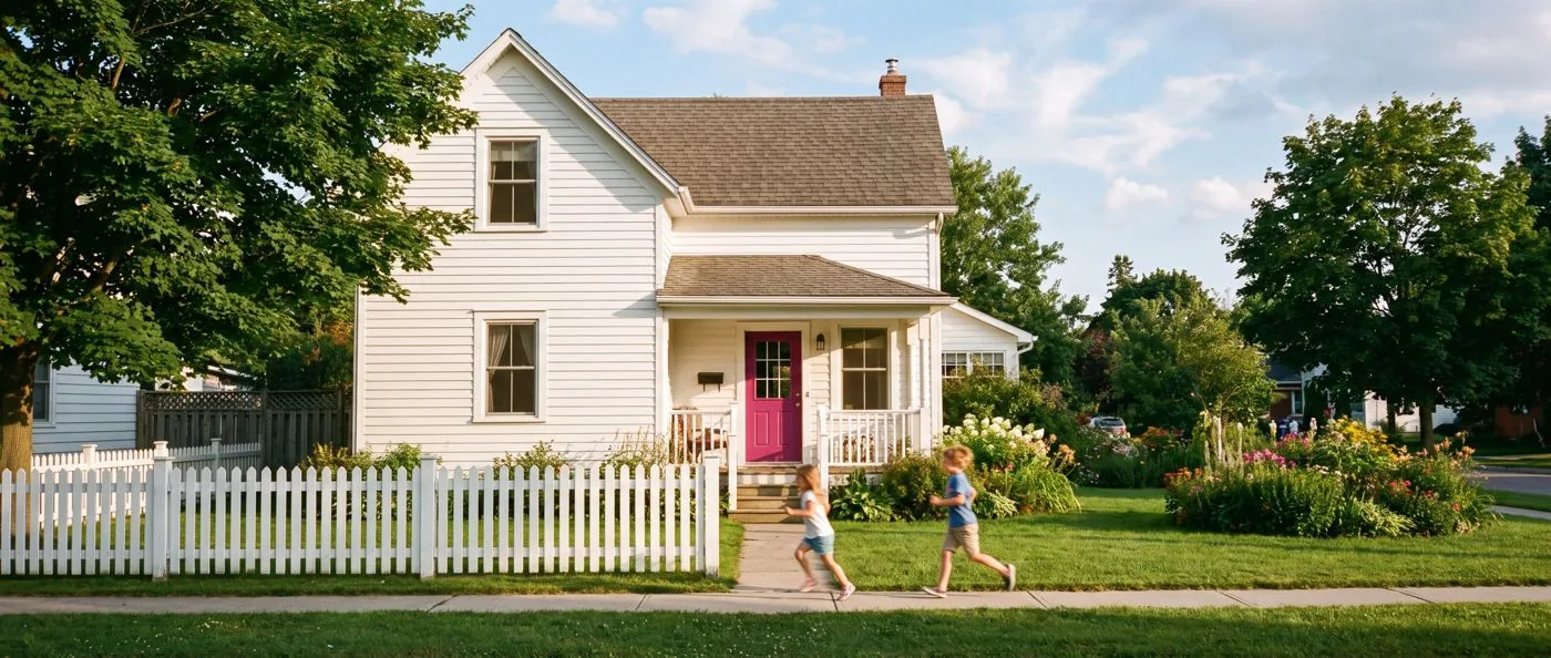 A white clapboard home with a magenta door and children running up the path