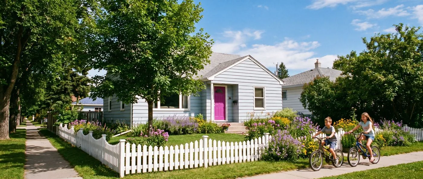 A pale blue Canadian home with a magenta front door, children cycling past the picket fence