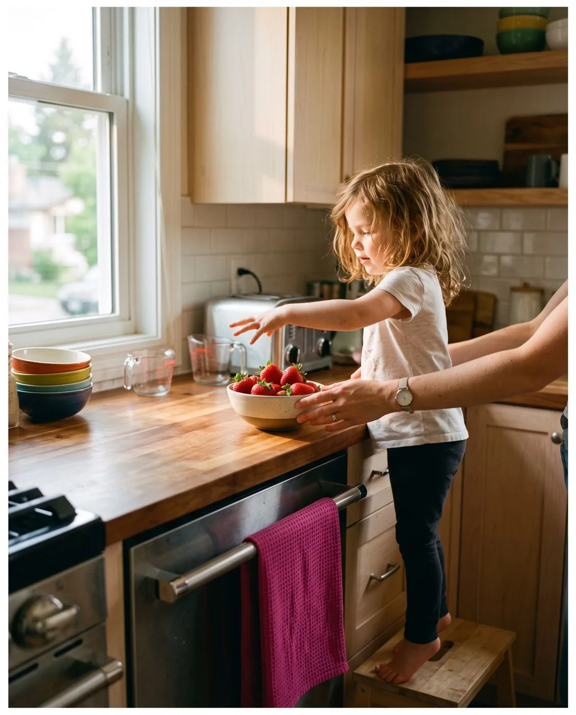 A child reaching across a kitchen counter in daylight